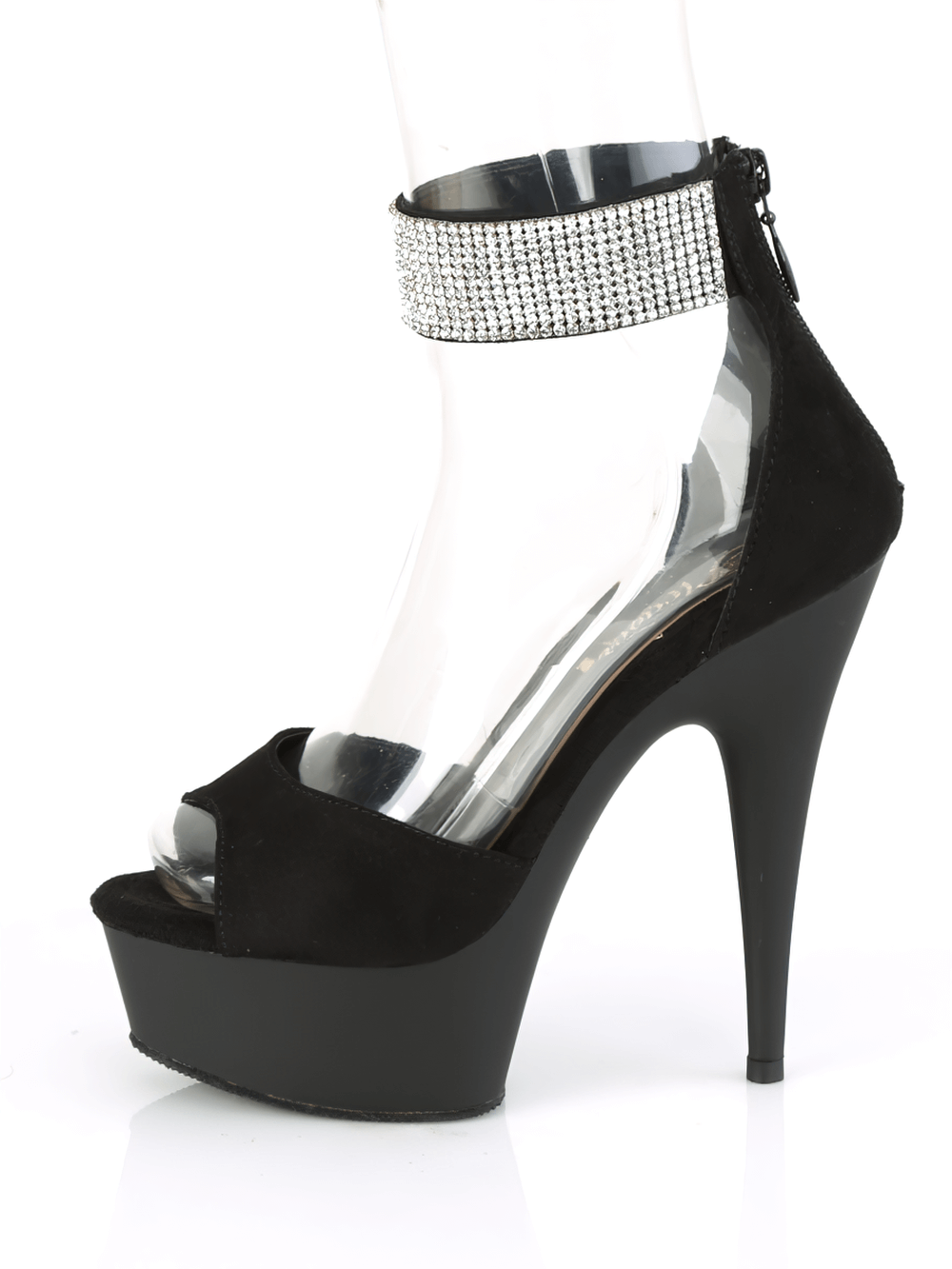 Black stiletto heel platform sandals with rhinestone ankle cuff and open toe, glamorous footwear for special occasions.