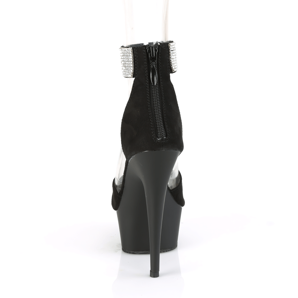 Black stiletto heel sandals with rhinestone ankle cuff and back zip, elegant and stylish footwear.