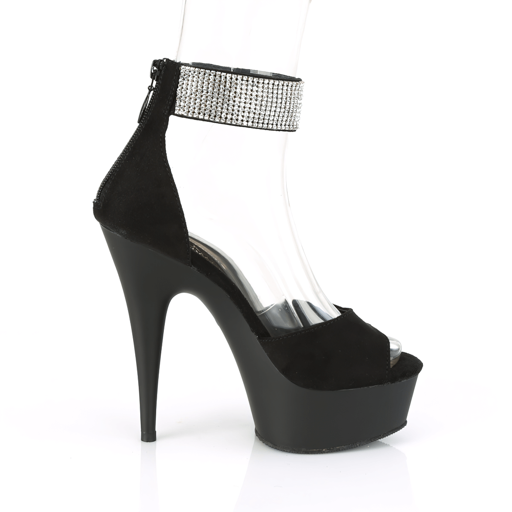 Black stiletto heel sandals with rhinestone ankle cuff showcasing a sleek design and high platform.