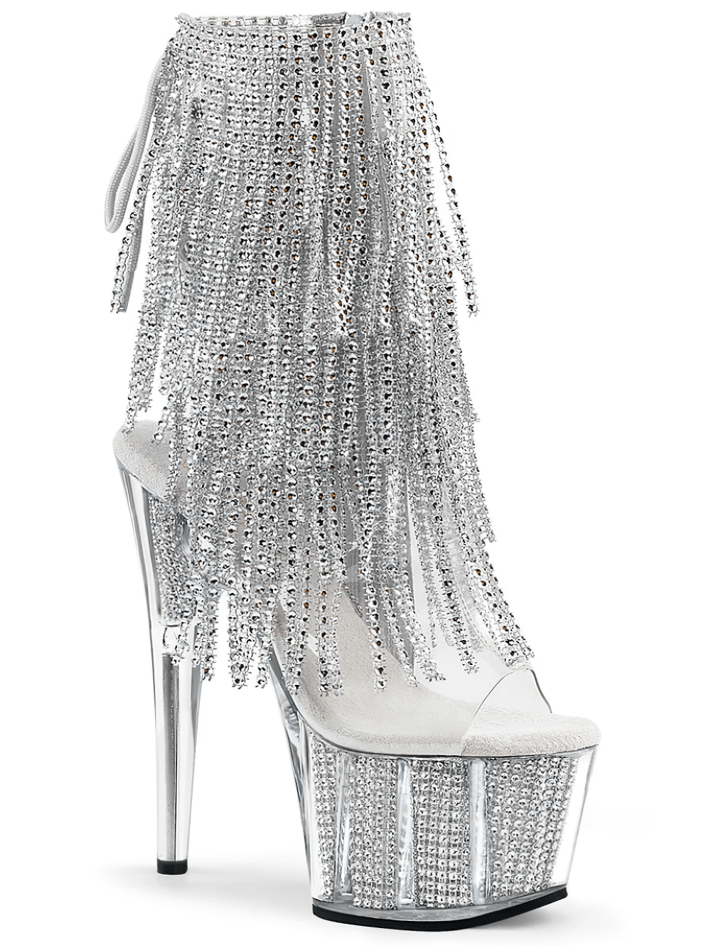 Glamorous PLEASER stiletto heel shoes with UV reactive fringe and rhinestone platform, perfect for dazzling night out.