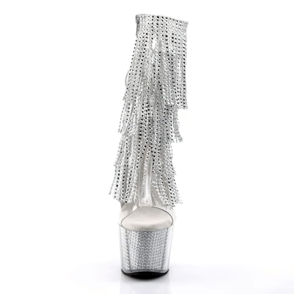 Back view of Pleaser stiletto heel shoes with UV reactive fringe and rhinestone platform, perfect for dazzling dance floors.
