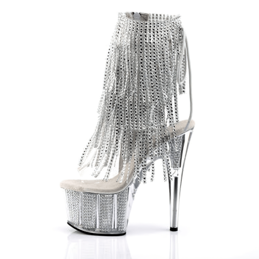 Glamorous PLEASER stiletto heel shoes with UV reactive fringe and rhinestone platform, perfect for making a bold statement.