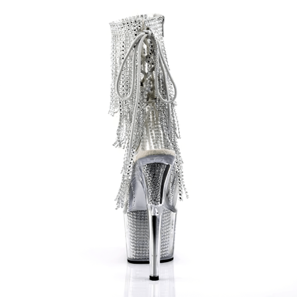 Glamorous silver stiletto heel shoes with UV reactive fringe and rhinestone platform, perfect for making a dazzling statement.