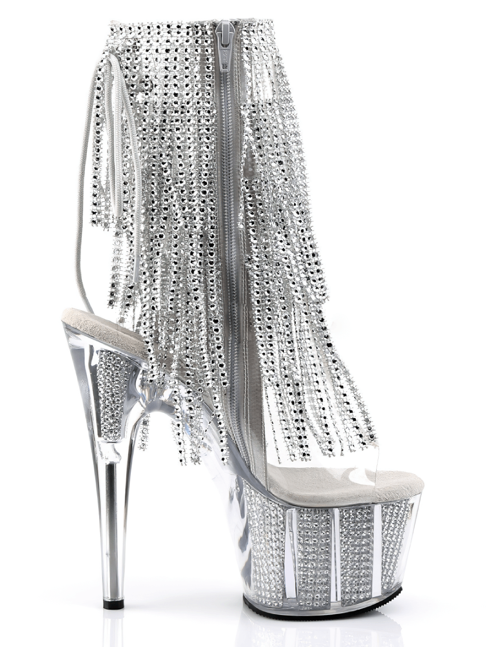 Glamorous PLEASER stiletto heel shoes with UV reactive fringe and rhinestone platform, perfect for dancing.
