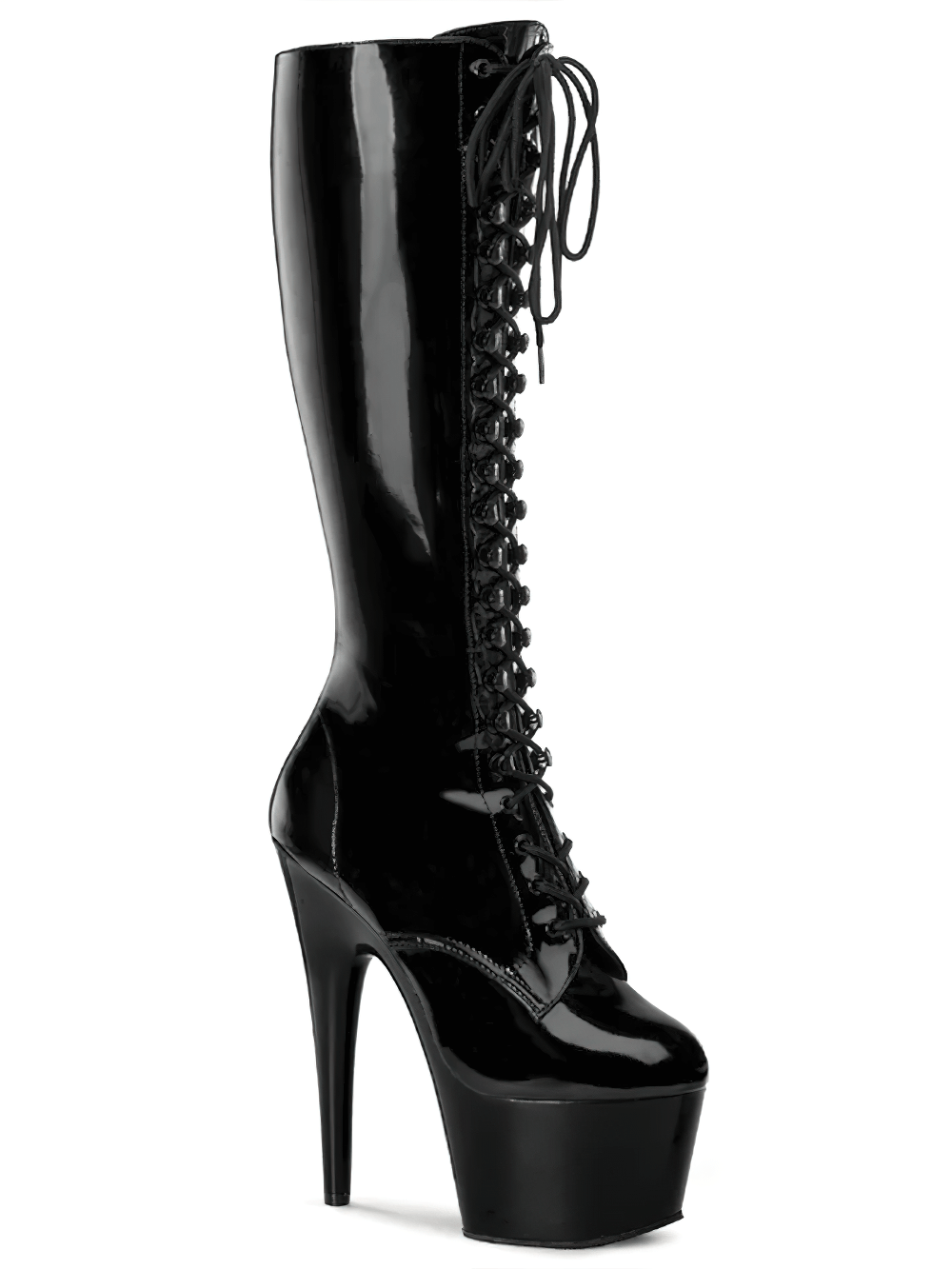 PLEASER stiletto heels lace-up knee-high boots in black, featuring a 7-inch heel and platform for a dramatic look.