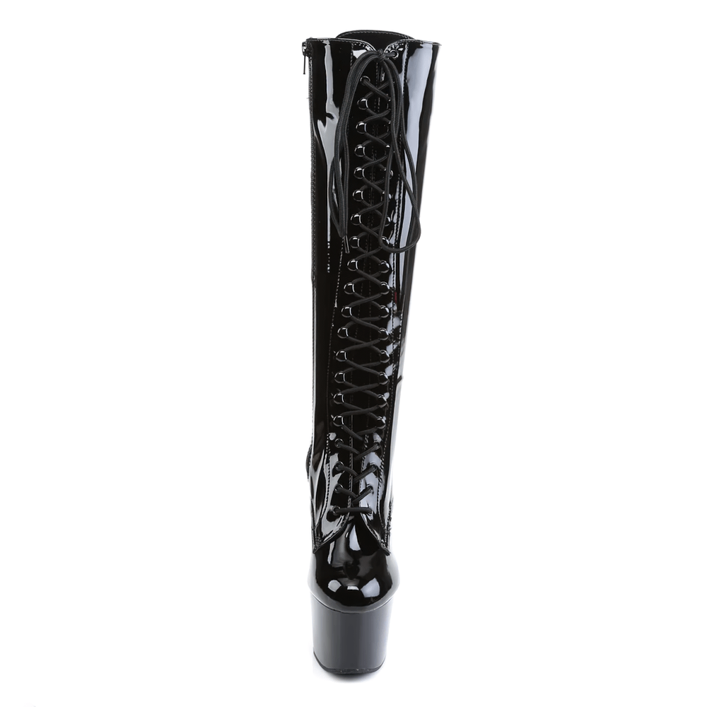 Black lace-up knee-high stiletto heels with a shiny finish and a towering 7-inch heel, perfect for making a statement.