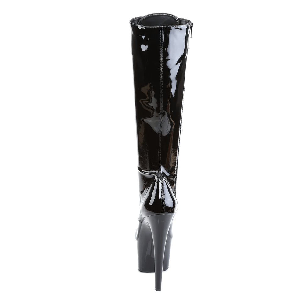 Back view of PLEASER lace-up knee-high stiletto heels, showcasing shiny black material and high platform.