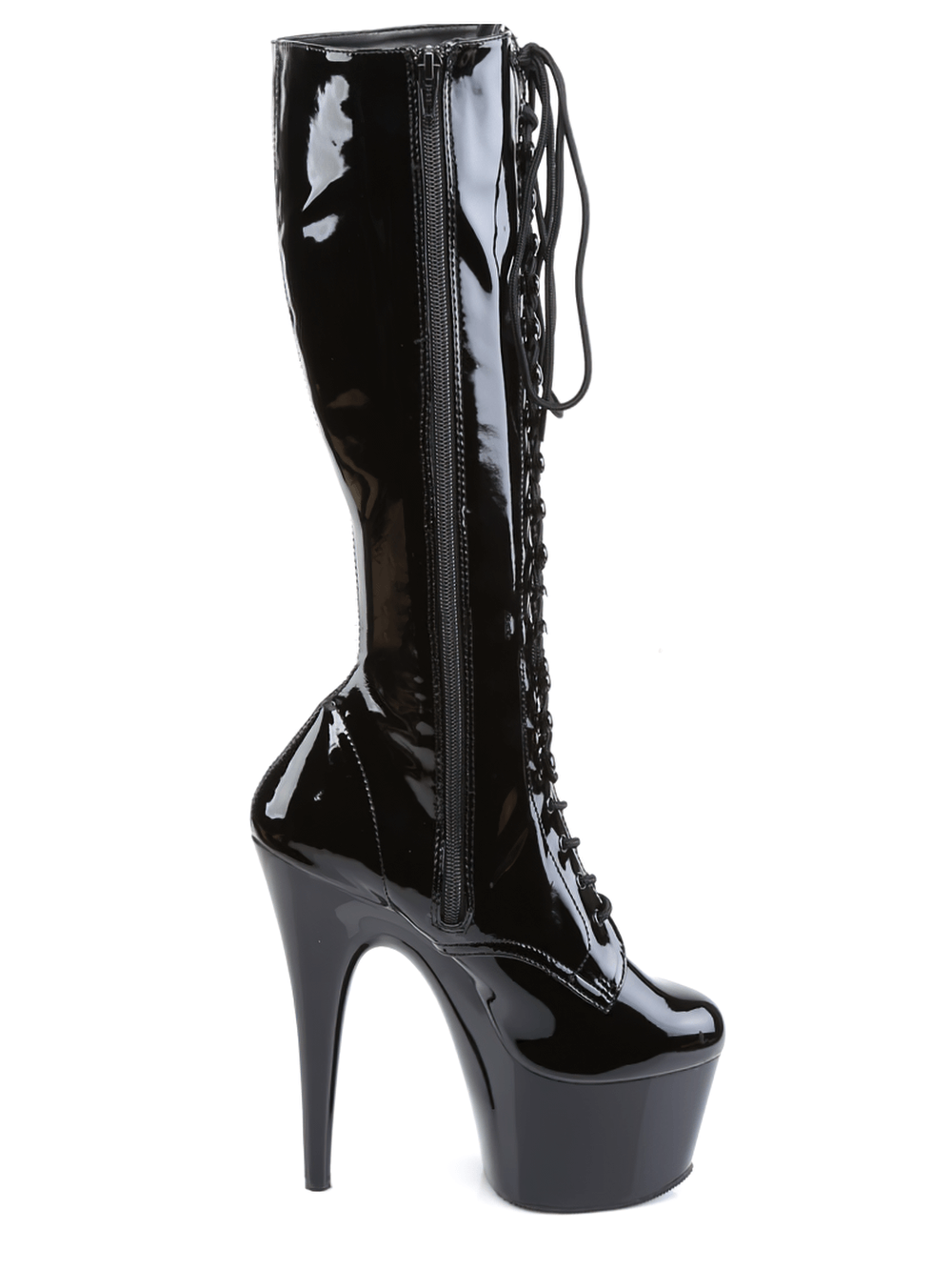 PLEASER Stiletto Heels Lace-Up Knee-High Boots in glossy black, featuring 7-inch heels and a stylish platform.