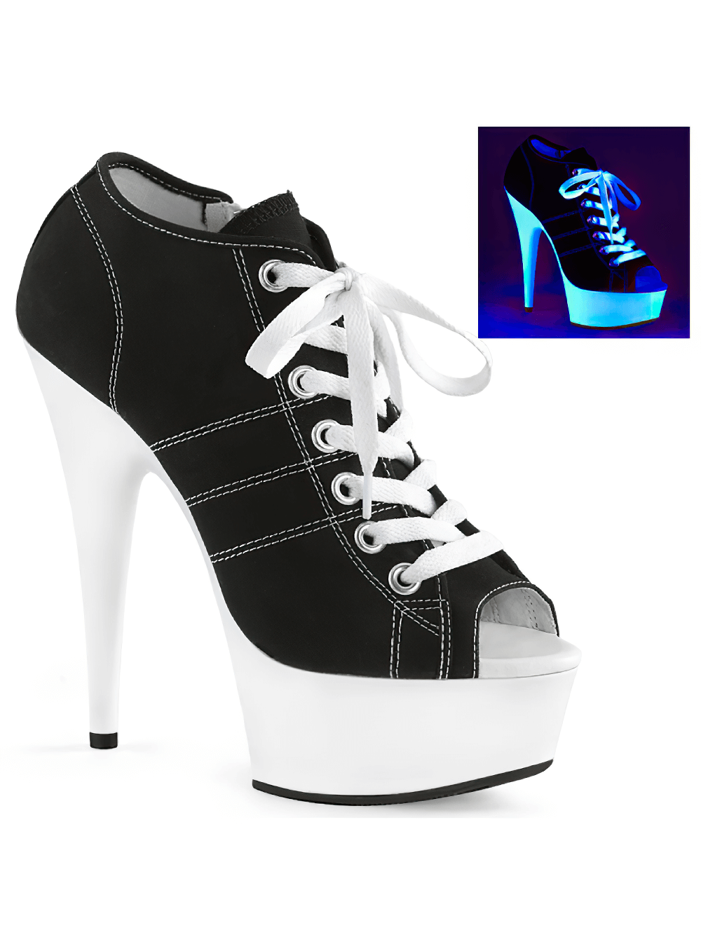 Lace-up stiletto heels with blacklight reactive platform, perfect for a chic edgy look under UV light.
