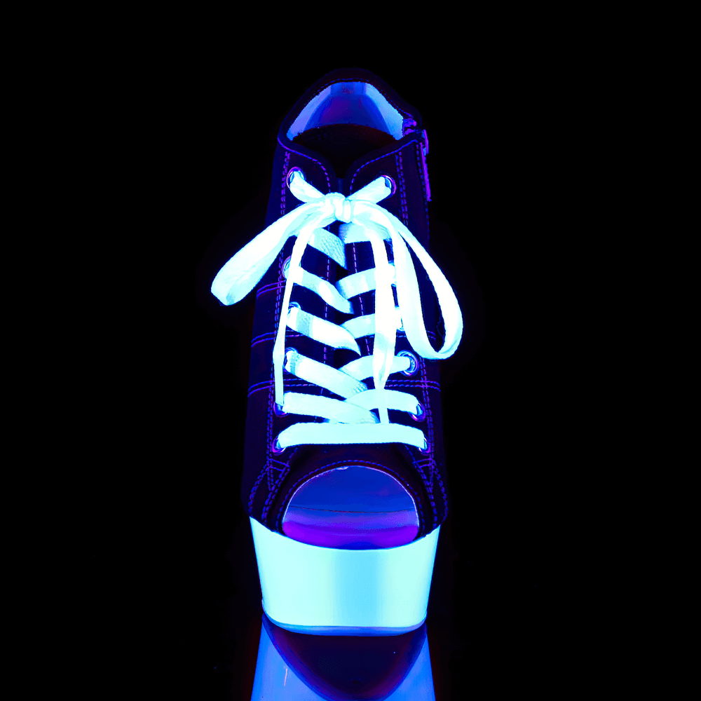 Lace-up PLEASER stiletto heels with UV reactive platform glowing under blacklight, showcasing chic design.