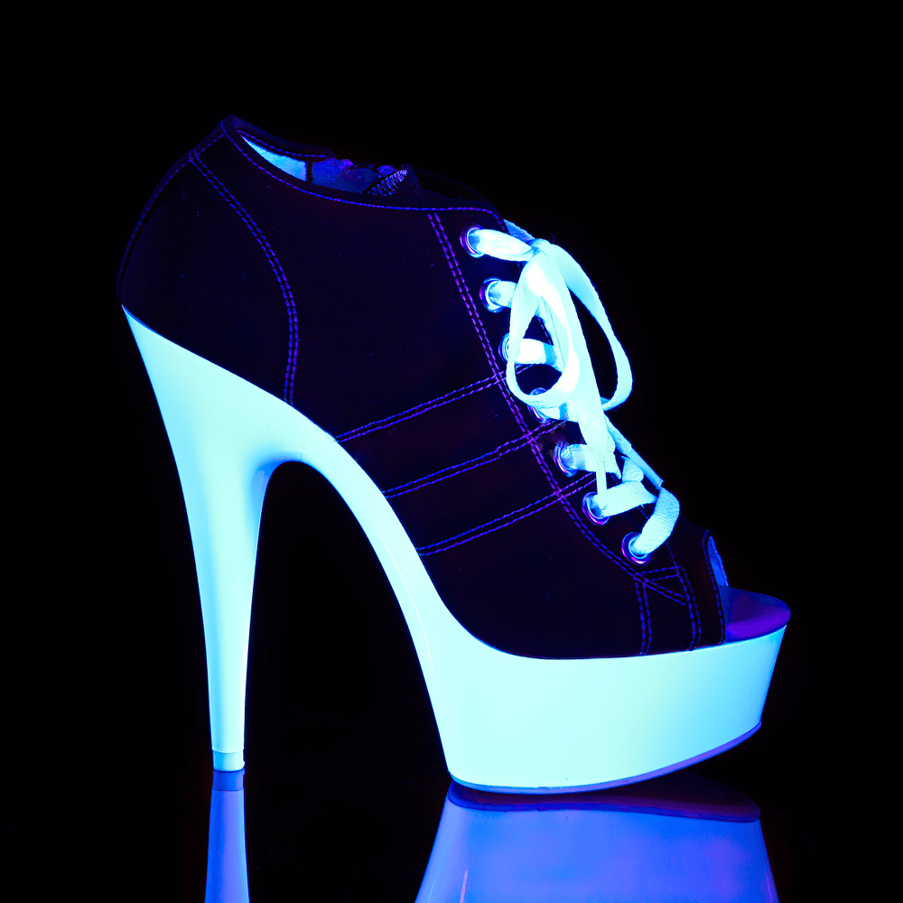 UV reactive stiletto heels with lace-up design and striking 6-inch heel, perfect for edgy chic style.