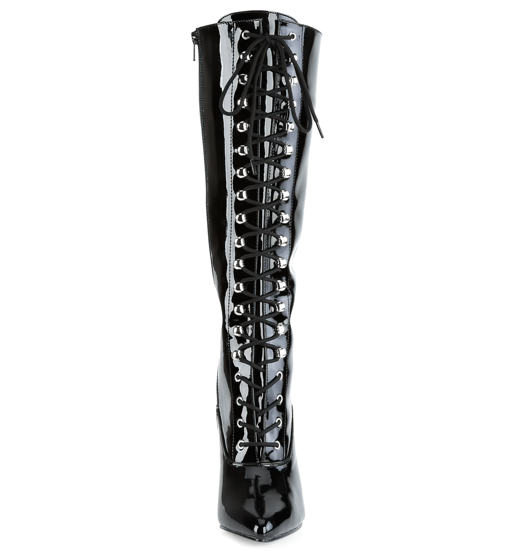 Sleek black stiletto knee-high boots with lace-up front and zip, perfect for an edgy and elegant look.