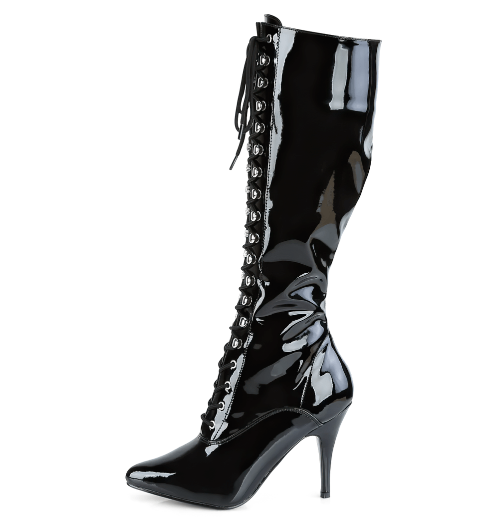 Elegant PLEASER stiletto knee boots with lace-up front and sleek 4-inch heel, perfect for any occasion.