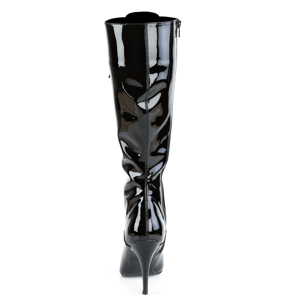 Glossy black stiletto knee boots with lace-up front and zipper detail, perfect for a night out.