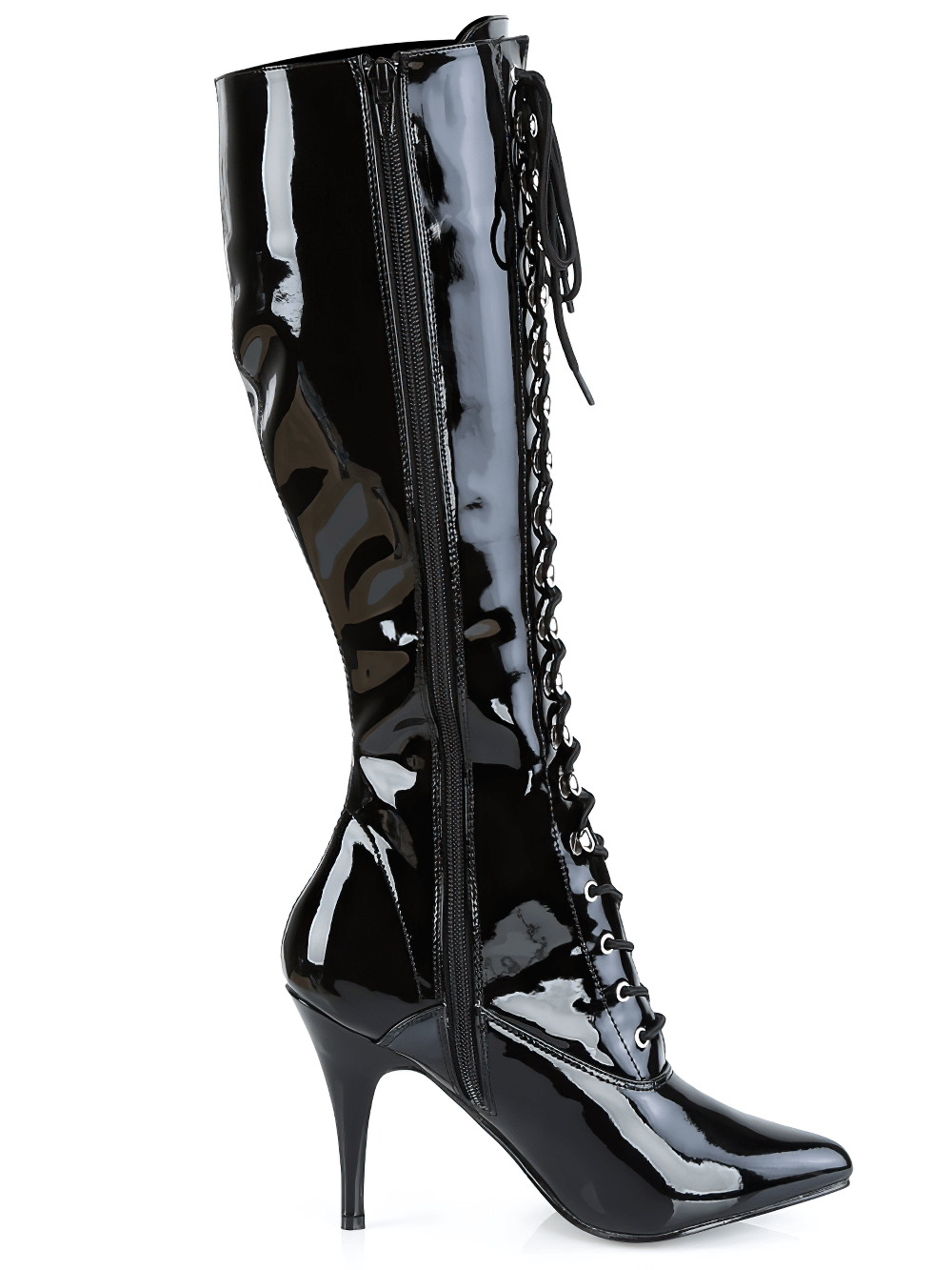 Sleek black stiletto knee boots with lace-up front and zip, perfect for a bold and elegant look.