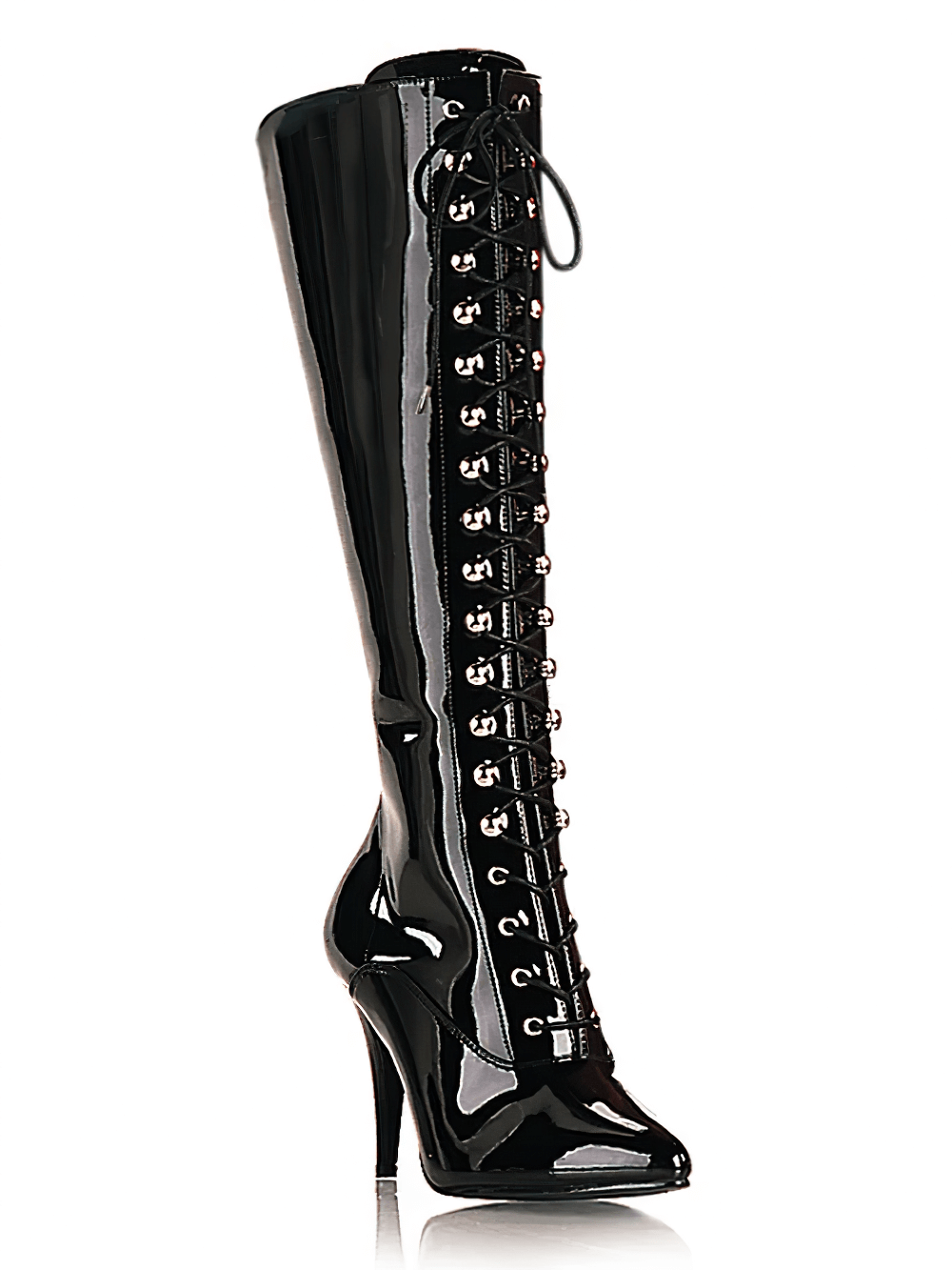 Stylish PLEASER stiletto knee-high boots with lace-up front and zip in glossy black finish.
