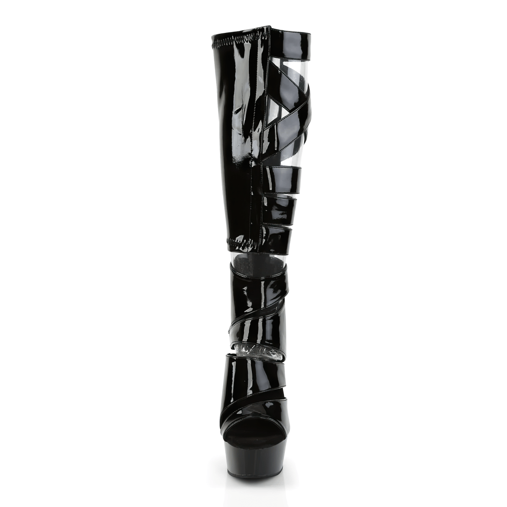 Bold black stiletto knee-high gladiator sandal boots with stylish straps and platform for striking fashion.