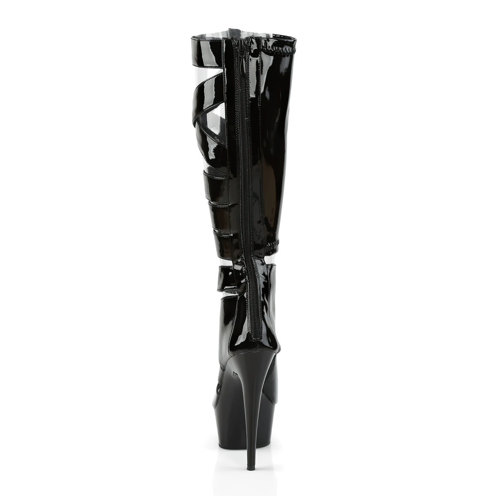 Sleek black stiletto knee-high gladiator sandals with zip, showcasing bold design and eye-catching details.