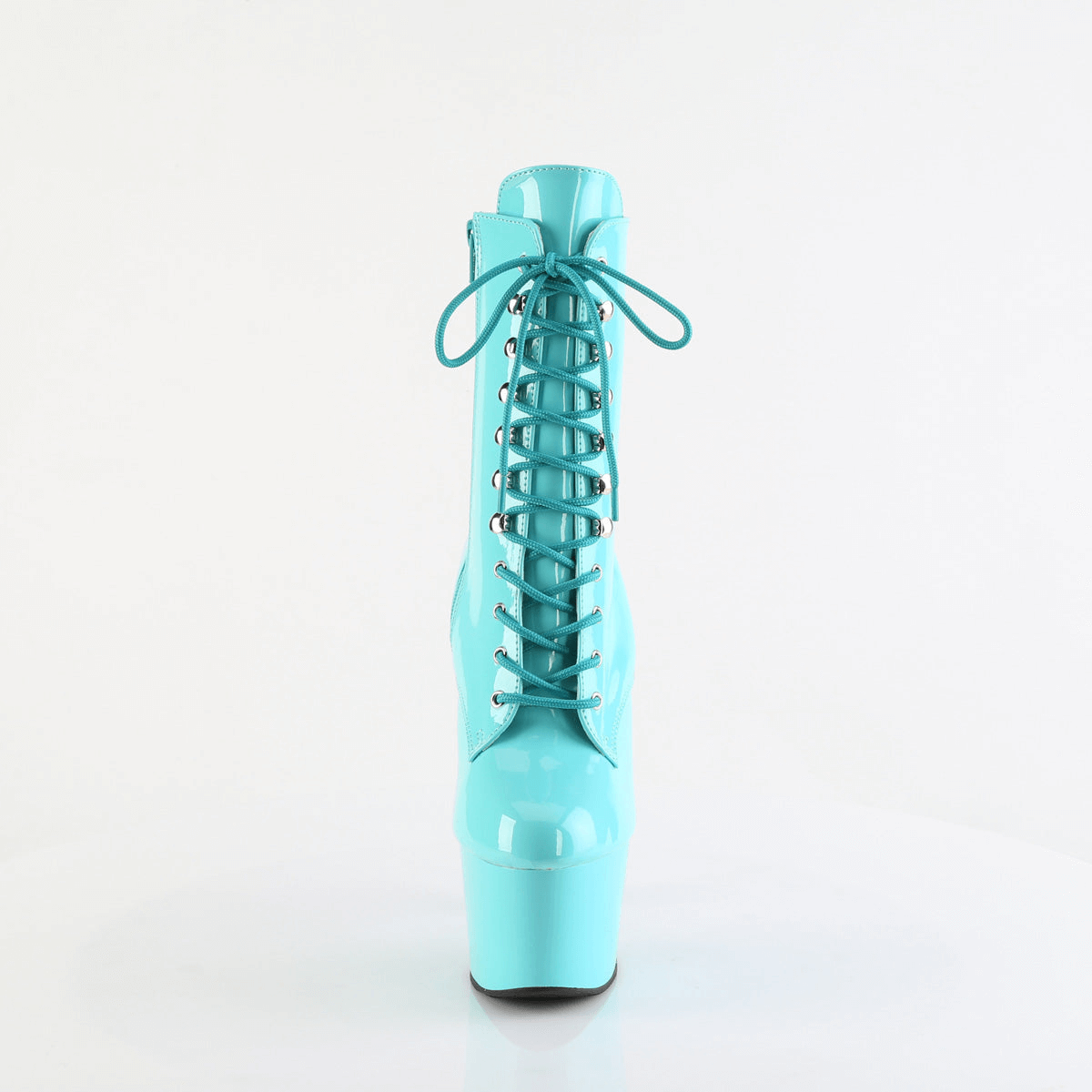 Bold sky blue stiletto lace-up ankle boots with platform heels, perfect for making a statement.