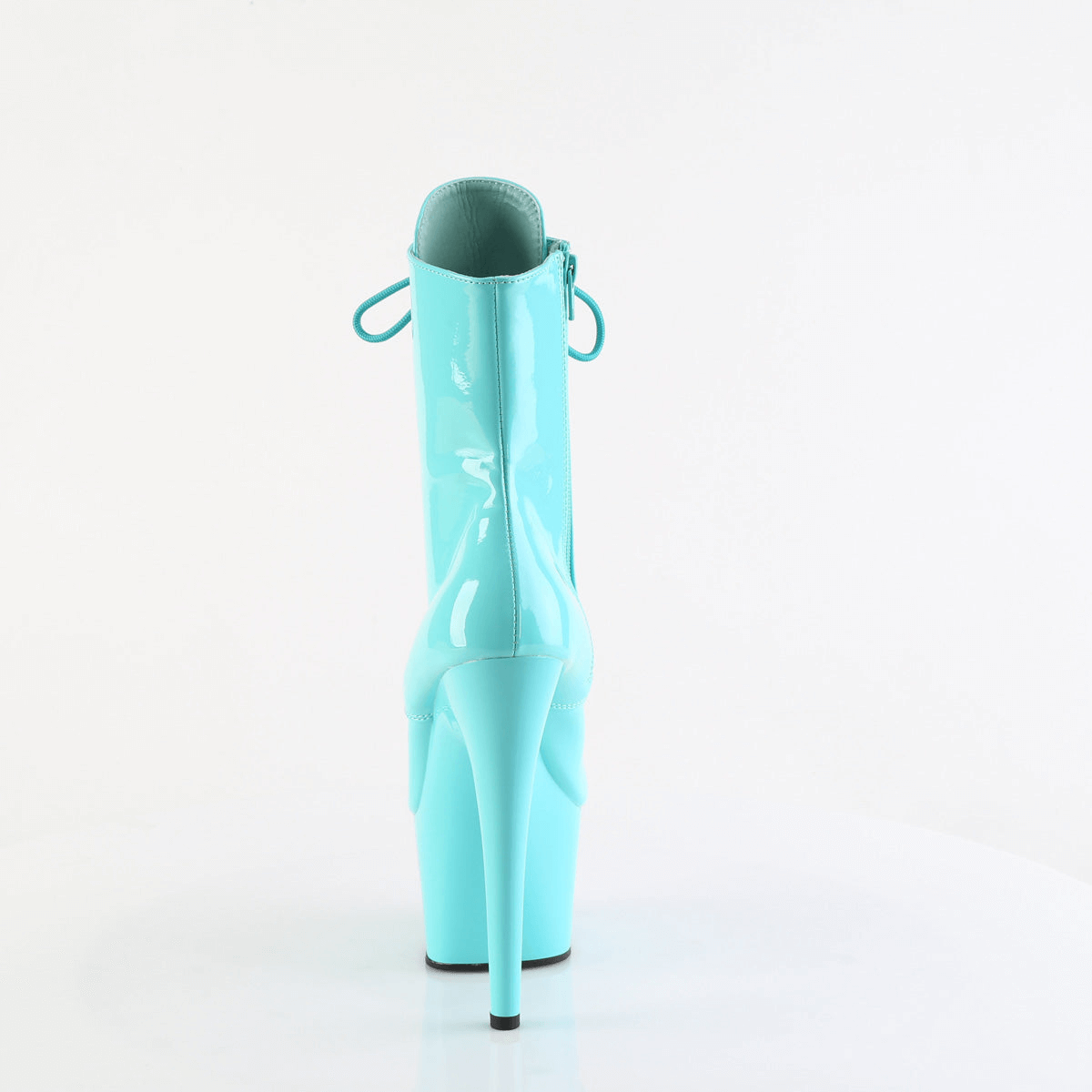 Back view of striking sky blue Pleaser stiletto ankle boots with platform heels and zip closure.