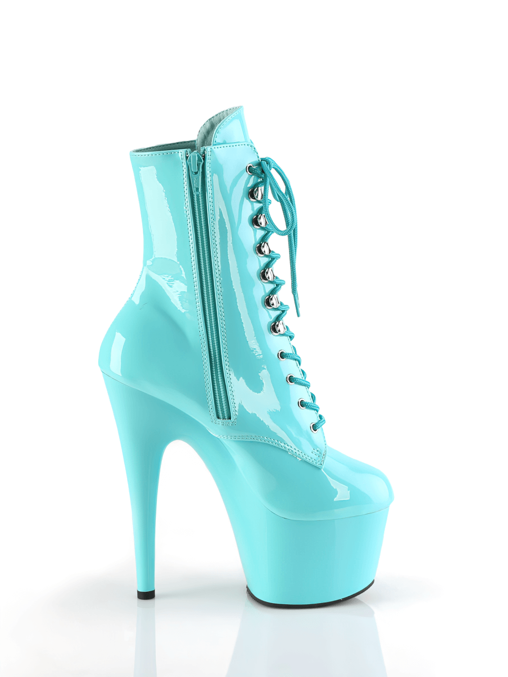 Bold sky blue stiletto ankle boots with lace-up detail and high platform heels.