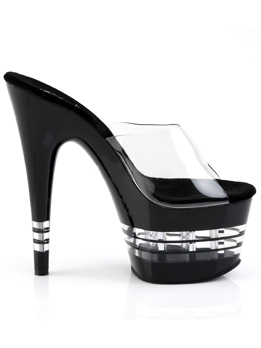 Stunning black PLEASER Stiletto Platform Slides with clear bottom design, featuring a 7-inch heel and sleek elegance.