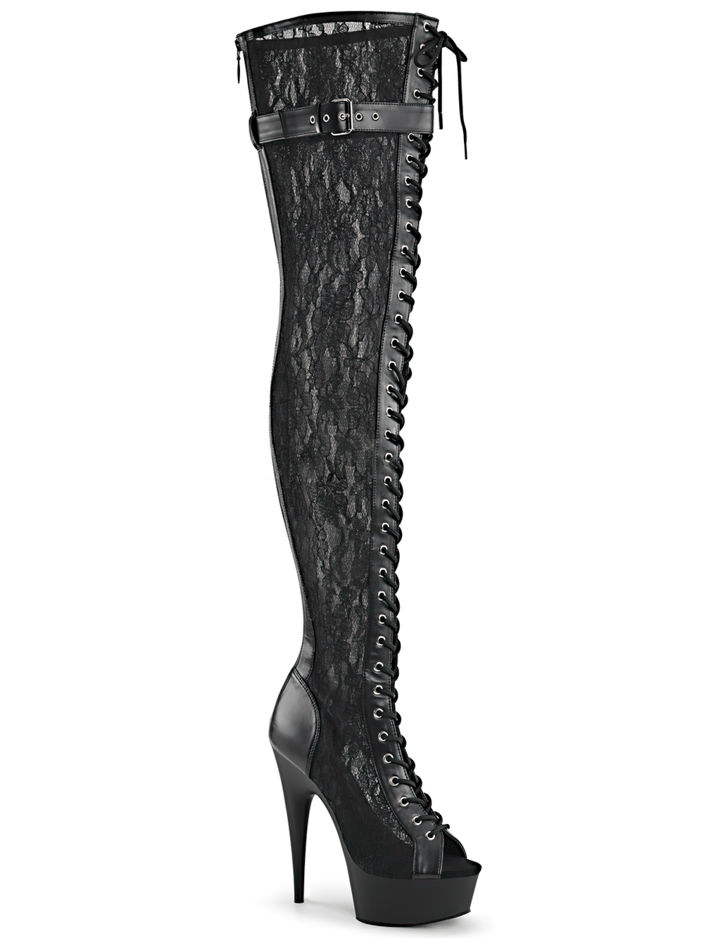 Black stiletto thigh high boots with lace appliqué, peep toe, and platform heel.