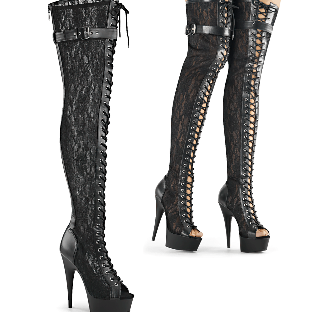 PLEASER Stiletto Thigh High Boots with Lace Appliqué