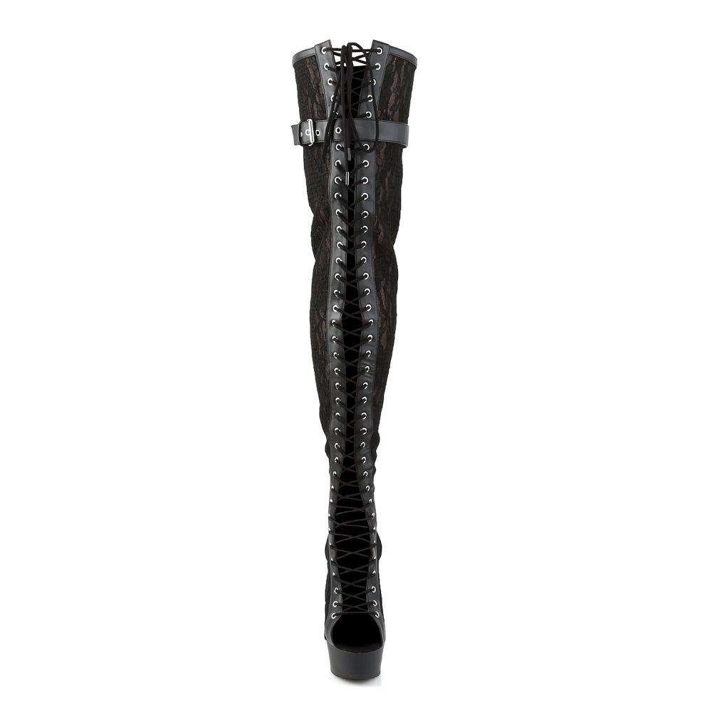 PLEASER Stiletto Thigh High Boots with Lace Appliqué