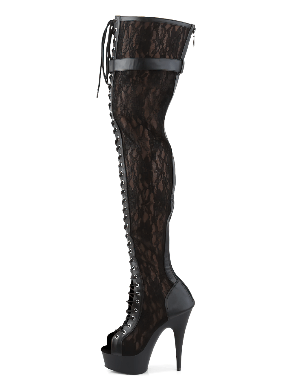 PEASER Stiletto Thigh High Boots with Lace Appliqué, peep toe, adjustable strap, and 6-inch heel for a bold look.