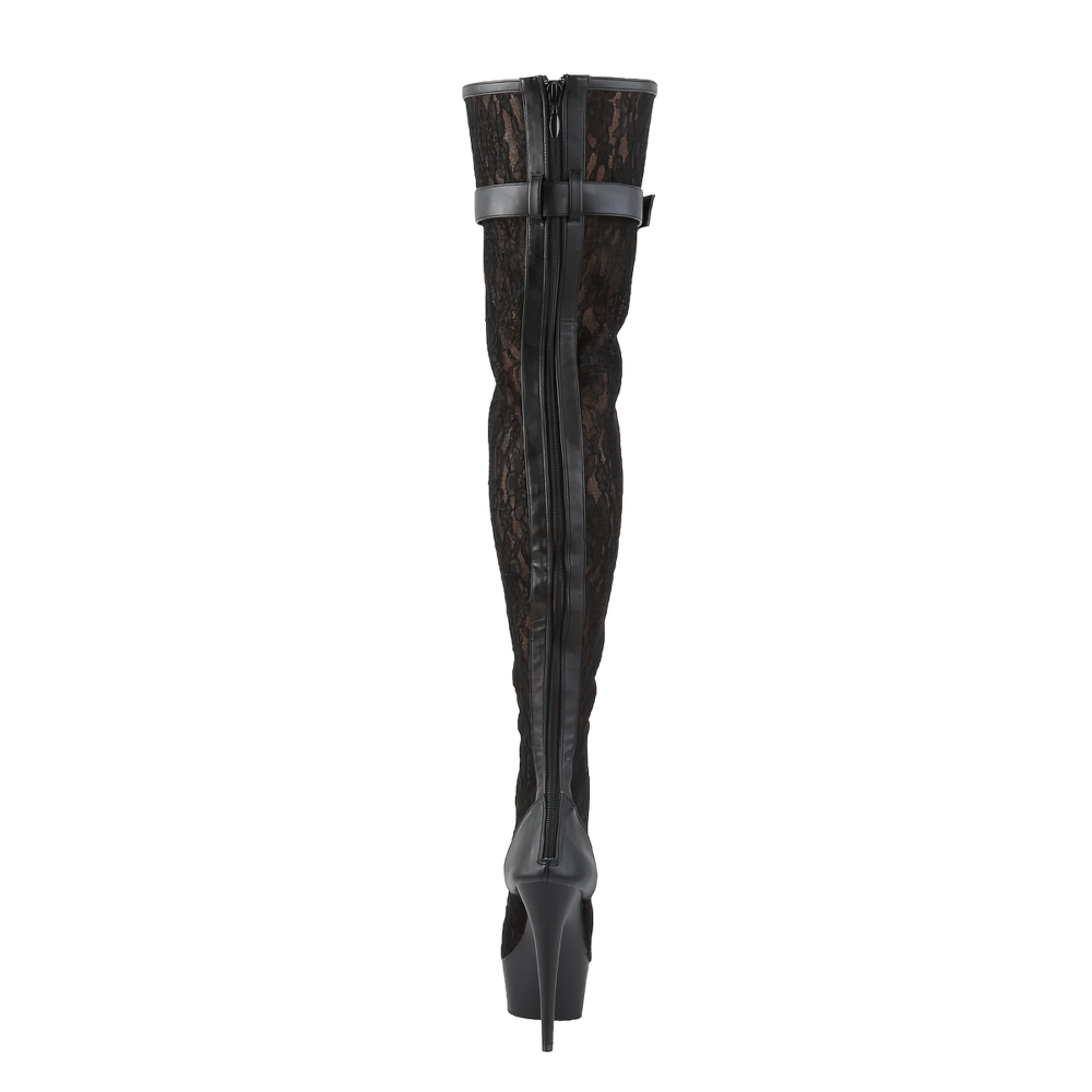 Back view of PLEASER Stiletto Thigh High Boots with lace appliqué and adjustable strap, showcasing elegant design.