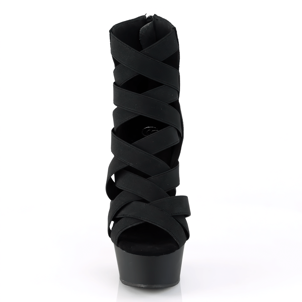 Stylish PLEASER strappy black platform heel bootie sandals with crisscross elastic straps and open toe design.