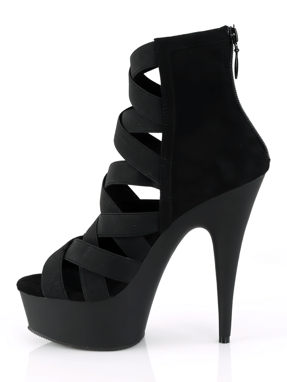 Sleek black strappy platform heel bootie sandals with crisscross lattice design and high 6-inch heel.