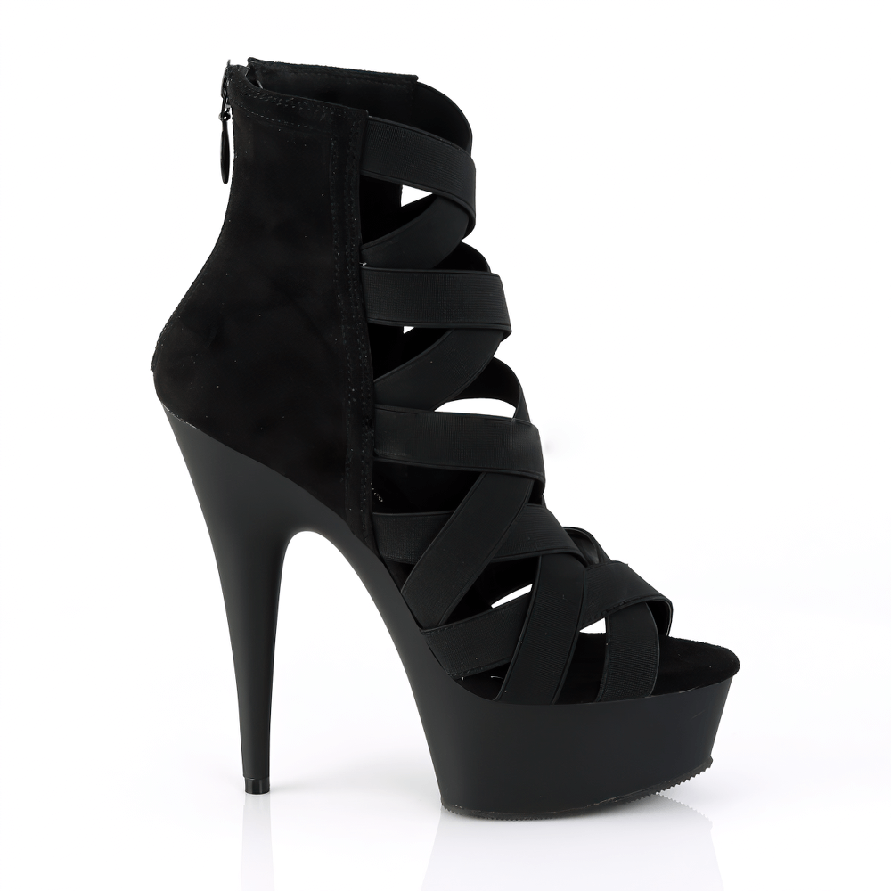 PLEASER strappy black platform heel bootie sandals with crisscross straps and high stiletto heel.