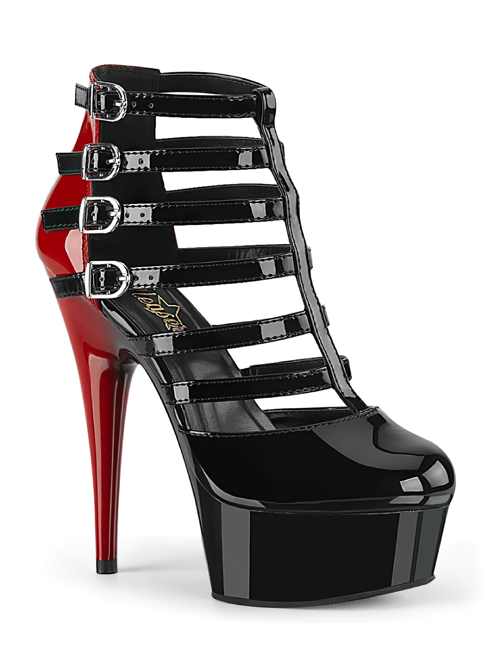 Two-tone red and black PLEASER stiletto booties with buckled straps, 6-inch heel, and 1 3/4-inch platform.