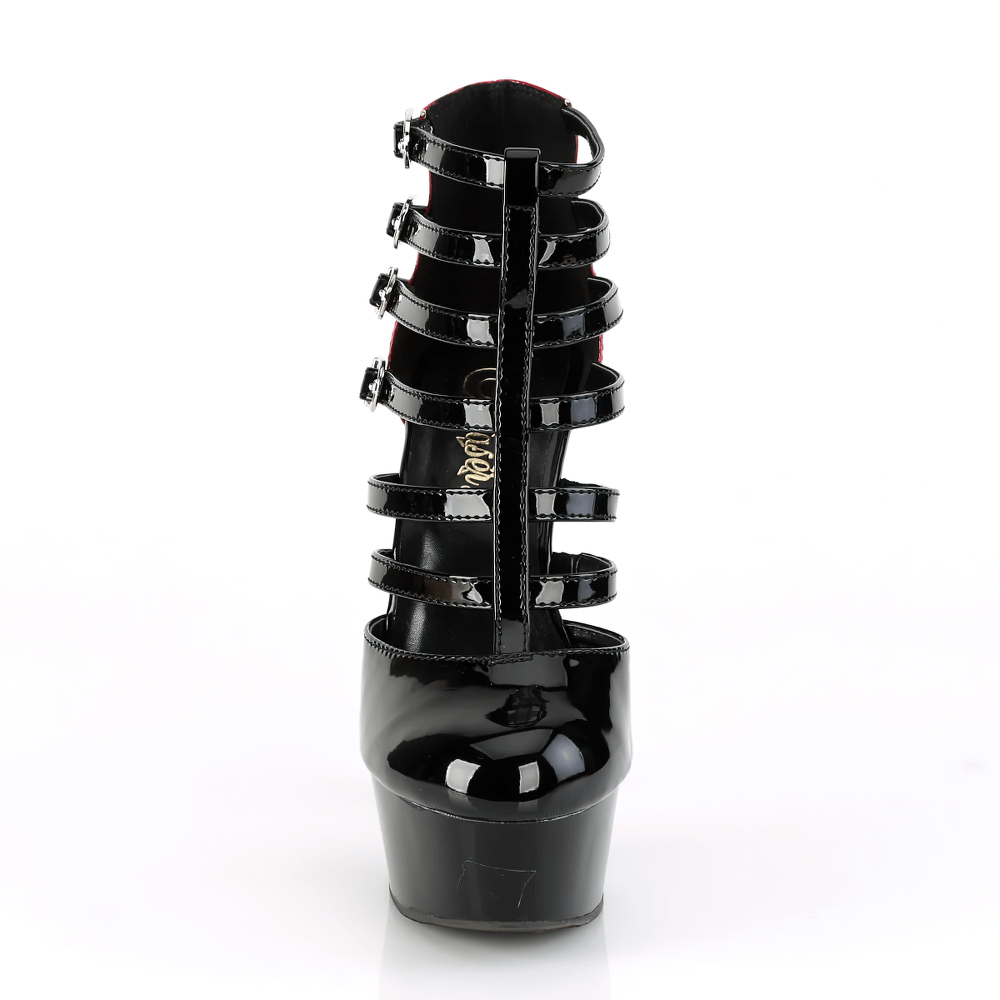 Back view of PLEASER Strappy Cage Stiletto Shoes showcasing black buckled straps and a shiny finish.