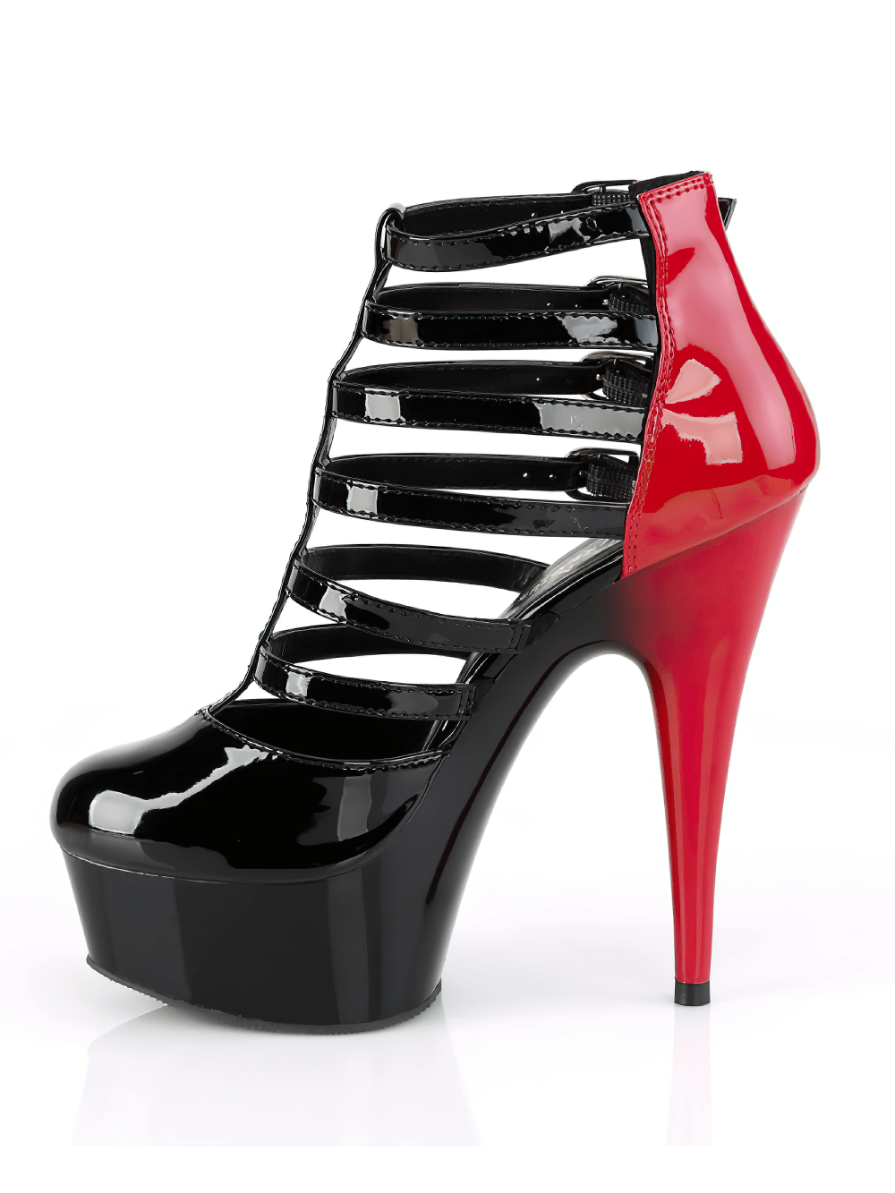 Two-tone PLEASER strappy stiletto booties in red and black with buckled straps and a dramatic 6-inch heel.