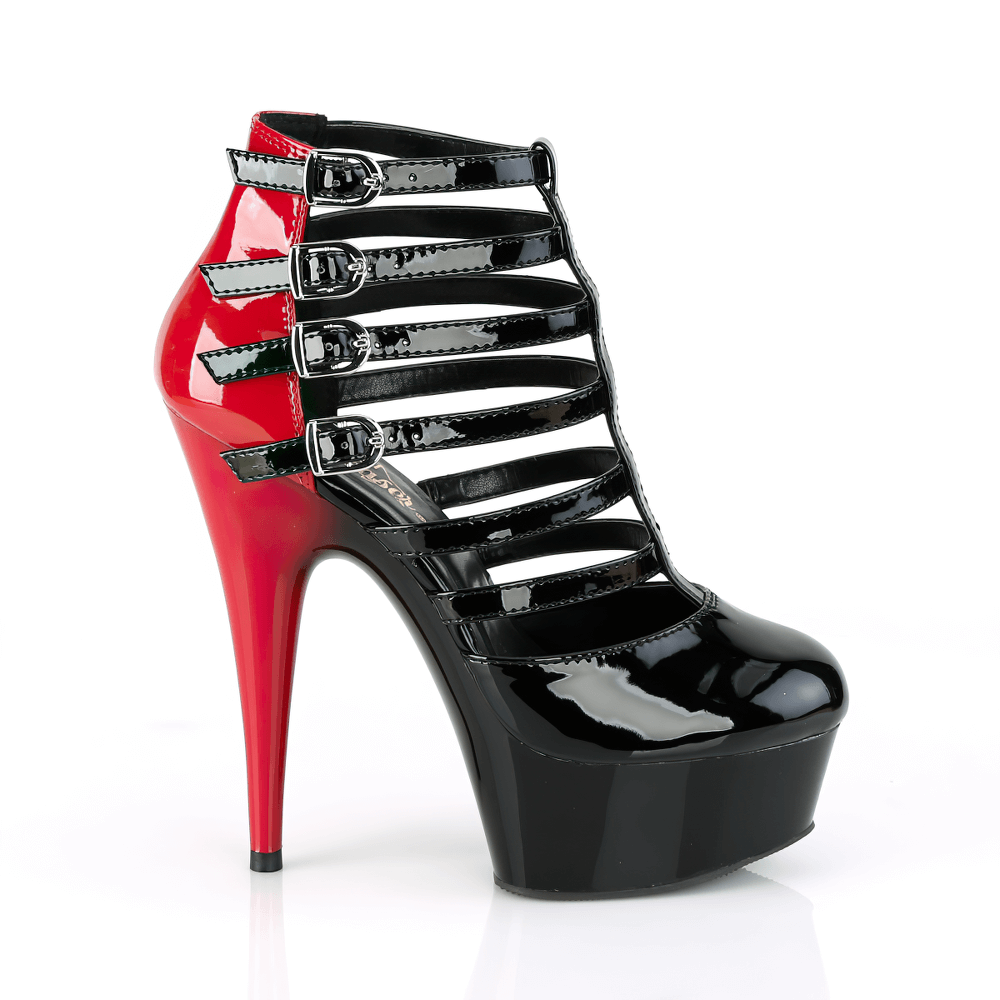 Two-tone Pleaser stiletto booties in red and black, featuring buckled strappy cage design and 6-inch heel.