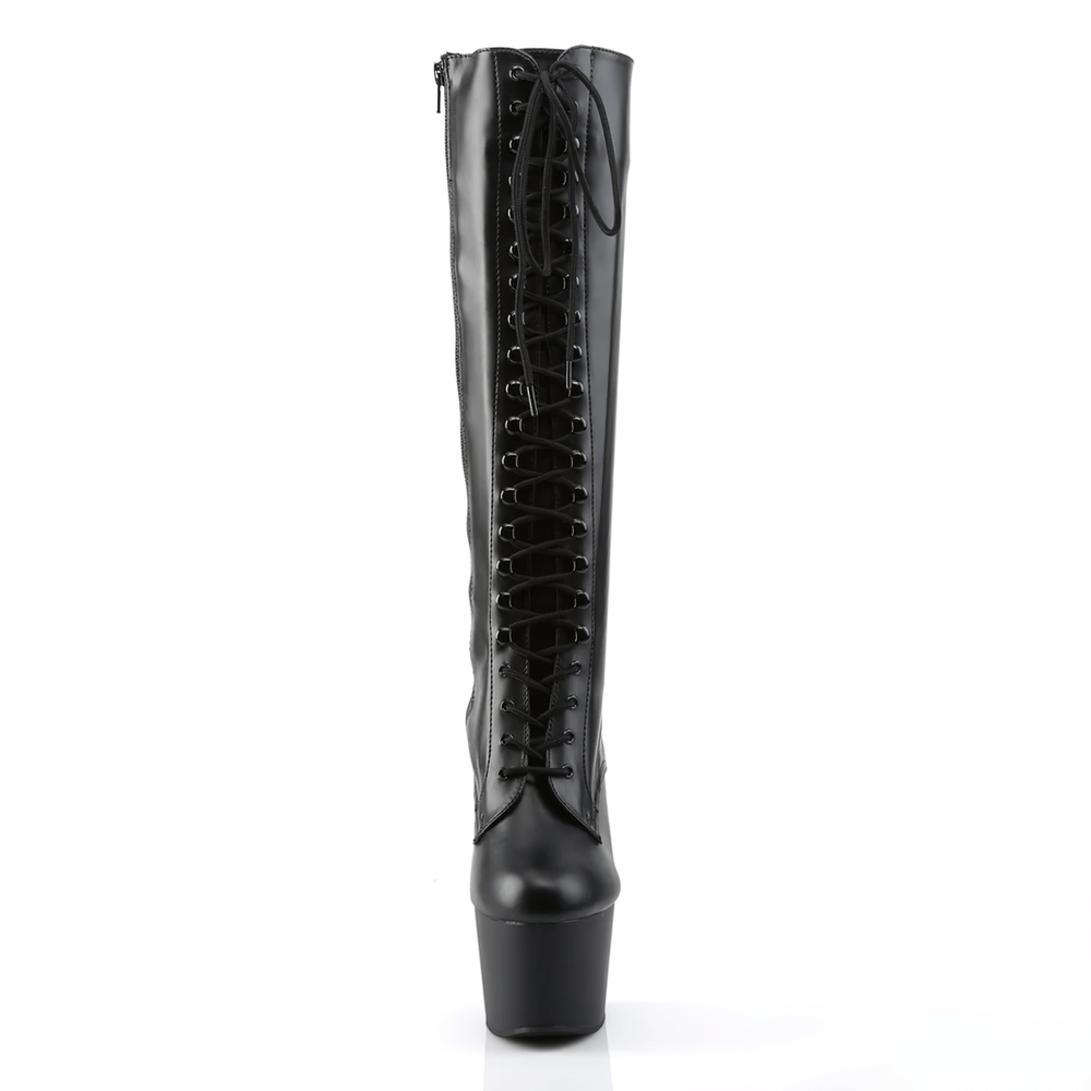 Sleek black knee-high stiletto boots with lace-up design and platform, perfect for making a bold fashion statement.