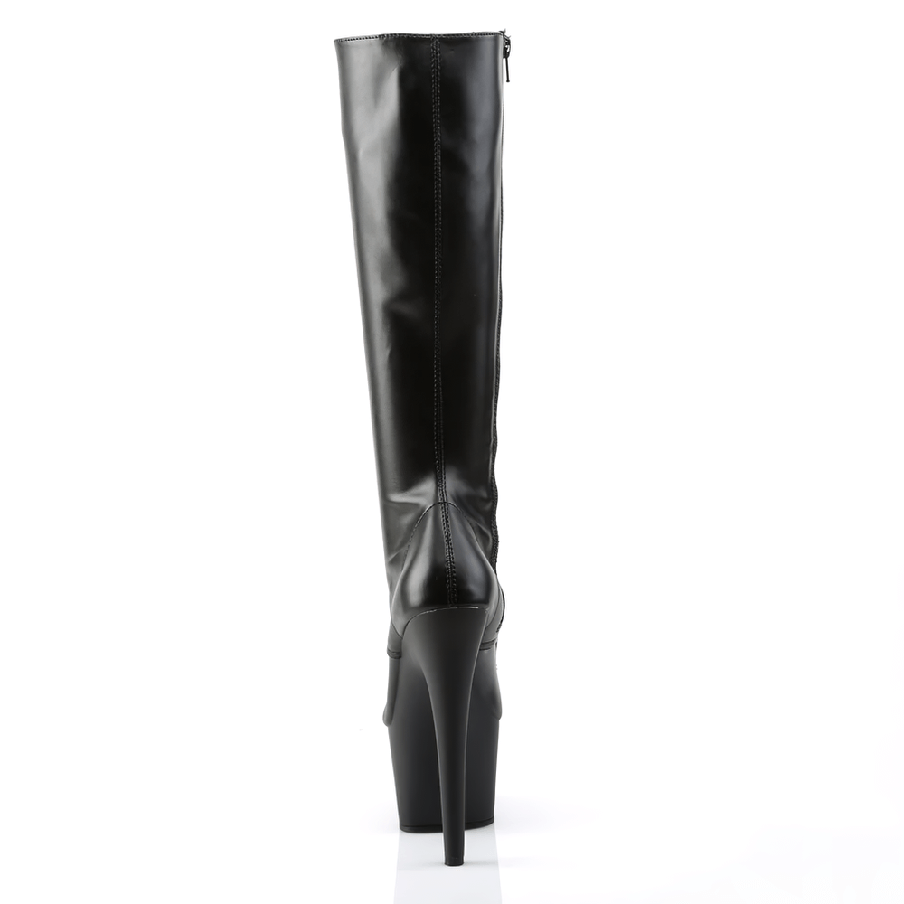 Stylish black knee-high boots with stiletto heels and a sleek matte finish, featuring a convenient inner zipper.