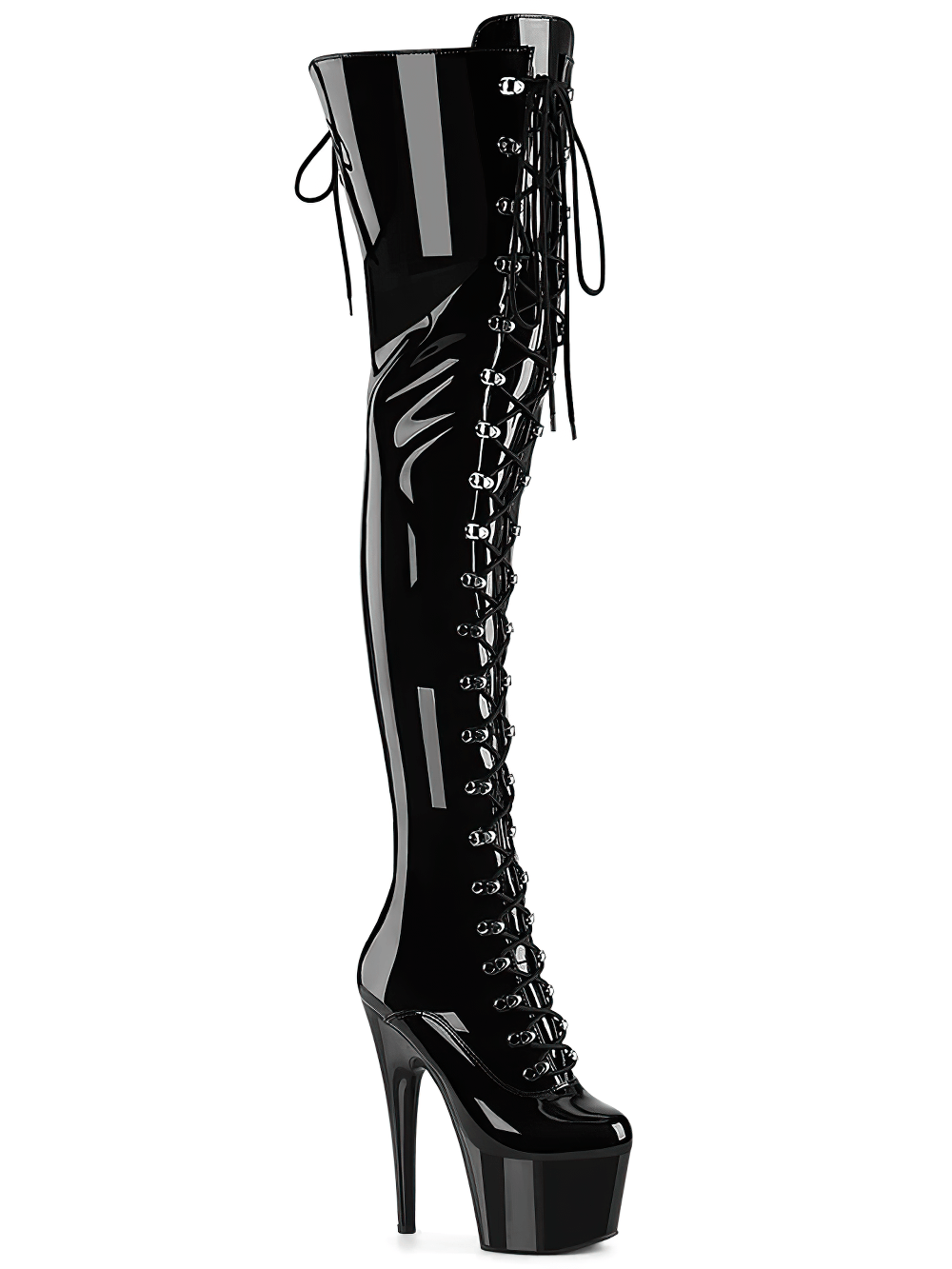 PLEASER black lace-up thigh high stiletto boots with back slit and platform heel