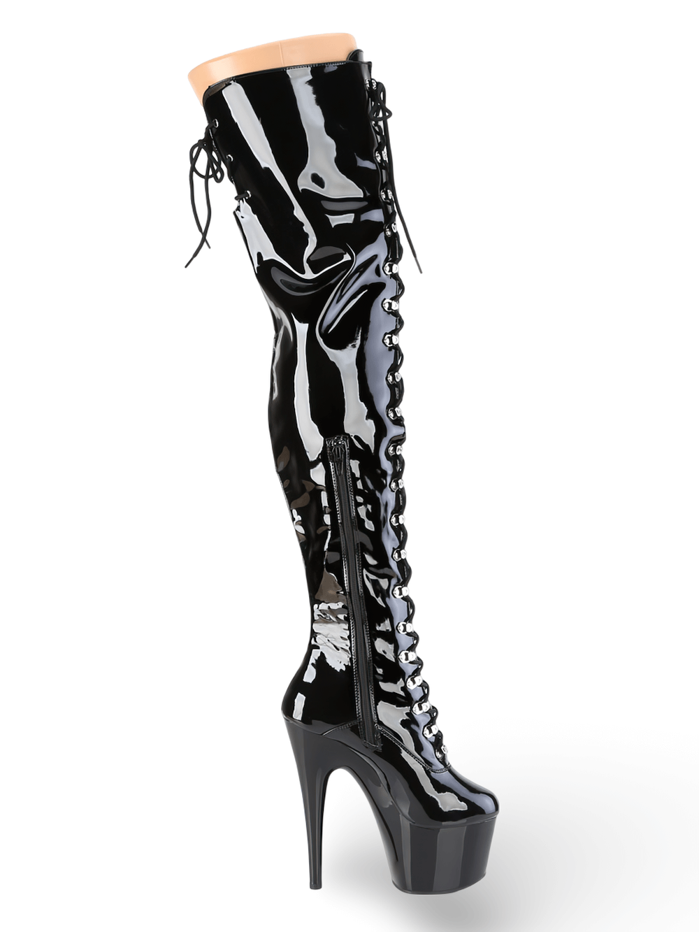 PLEASER Stretch Stiletto Thigh High Boots with Lace-Up Detail