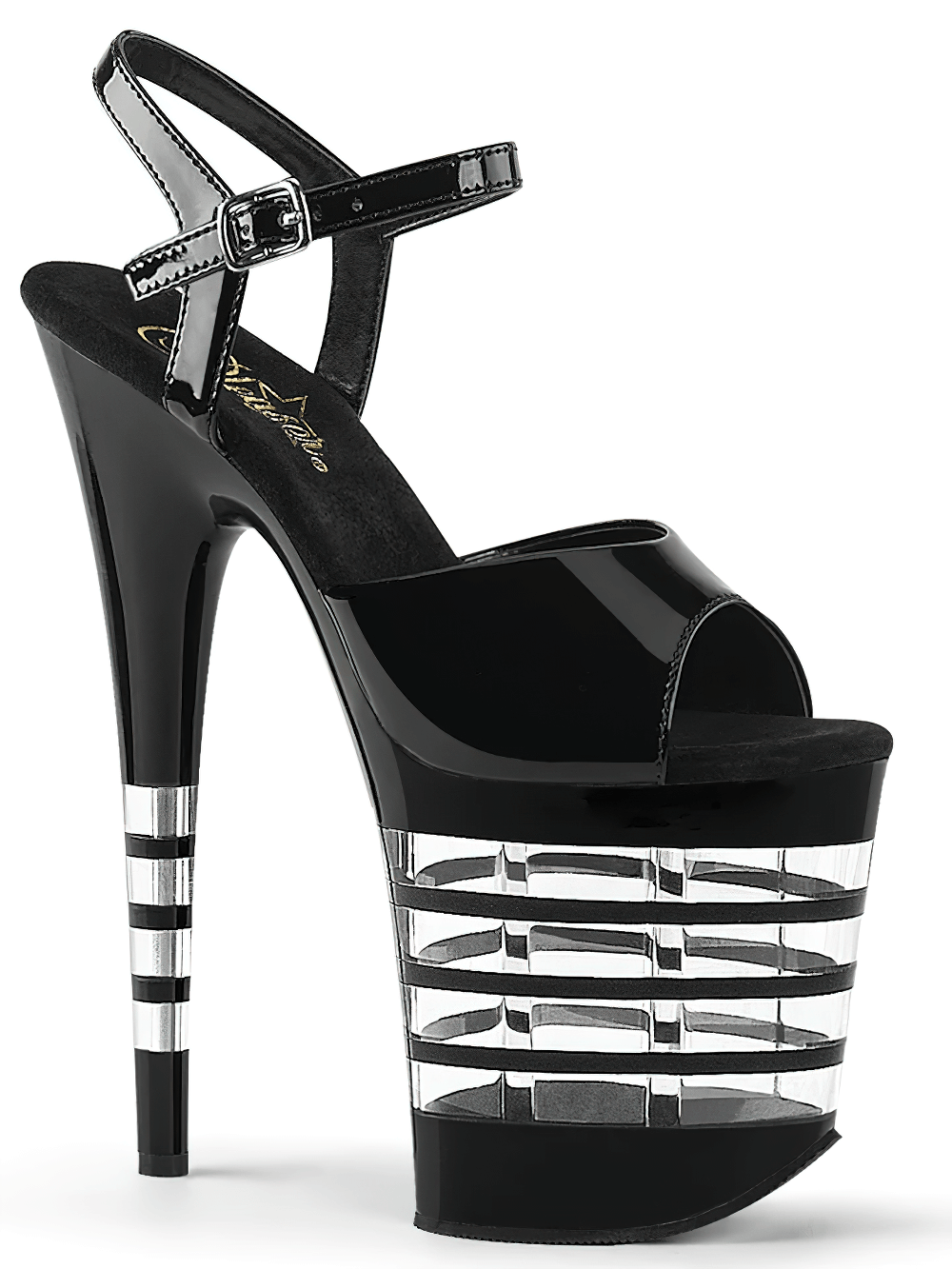 Striking black ankle strap platform heels with an 8-inch stiletto and stylish clear block design, perfect for edgy elegance.