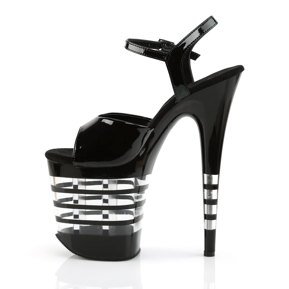 Elegant black ankle strap platform heels with a dramatic 8-inch stiletto and stylish transparent stripe detailing.