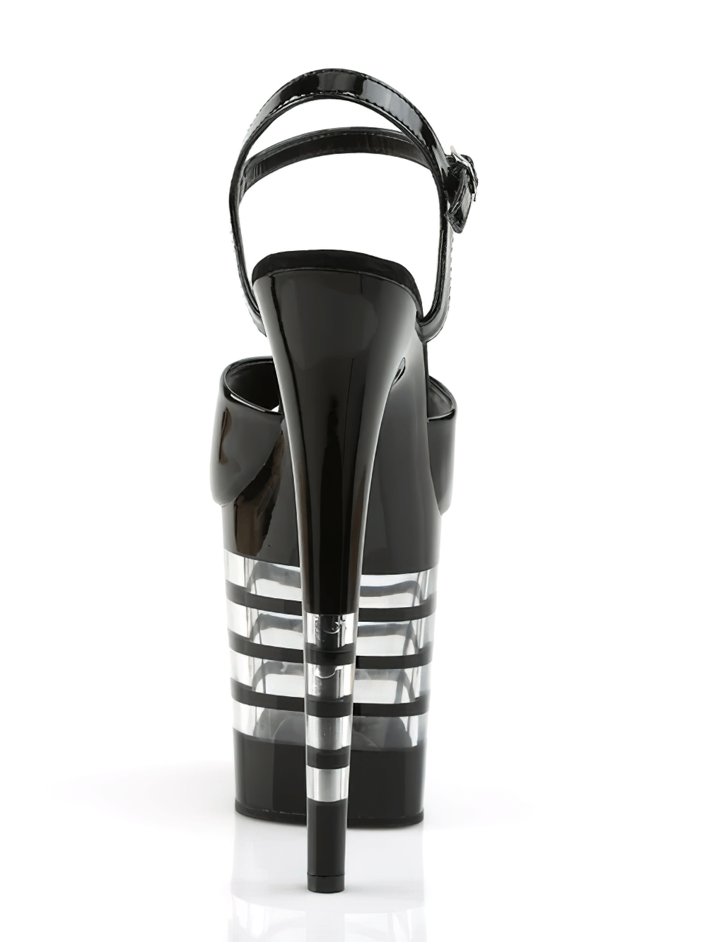 Stylish black ankle strap platform heels with an 8-inch stiletto heel and striking transparent design.