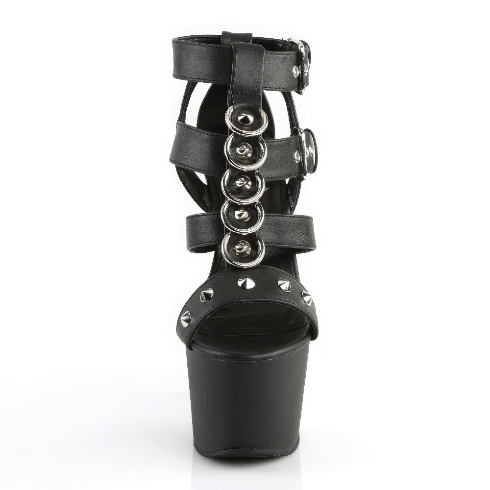 Pleaser studded T-strap heels with cone accents and hardware details, showcasing edgy elegance.