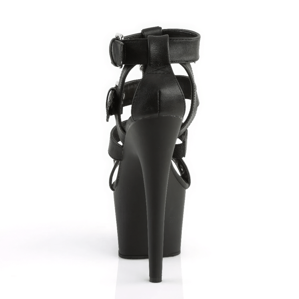 Back view of PLEASER Studded T-Strap Heels showcasing the elegant high heel and cage design with hardware accents.
