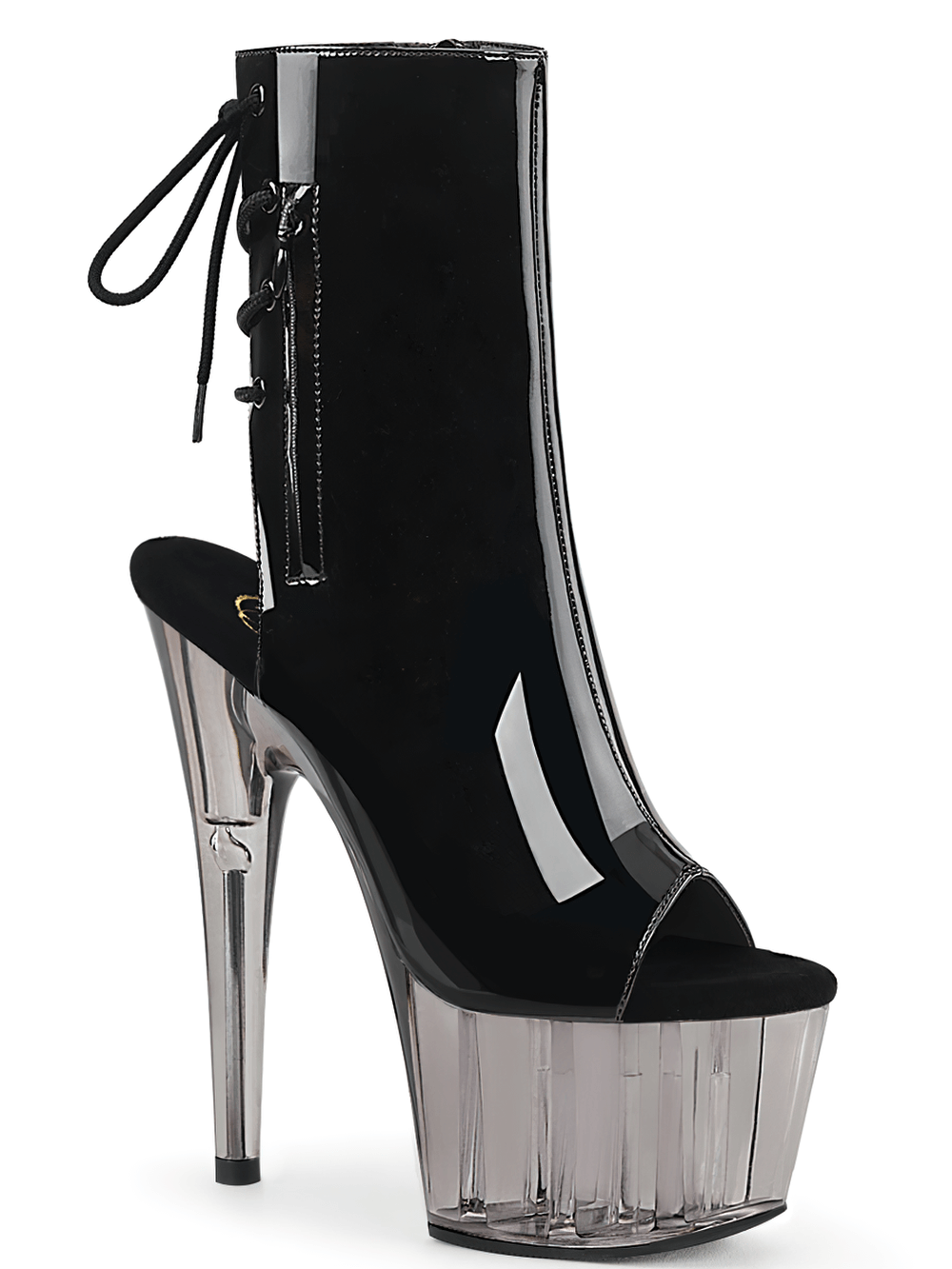 Sleek black ankle boots with clear platform and open toe, featuring lace-up detail and high heel for glamorous style.
