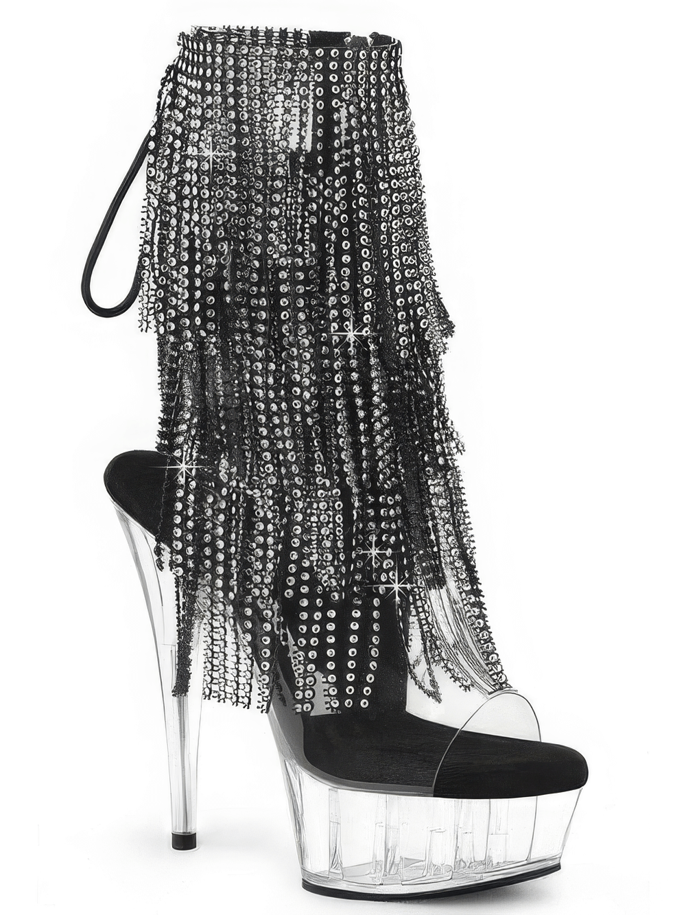 Stunning Pleaser ankle boots with rhinestone fringe, open toe, and high heel for a glamorous look.