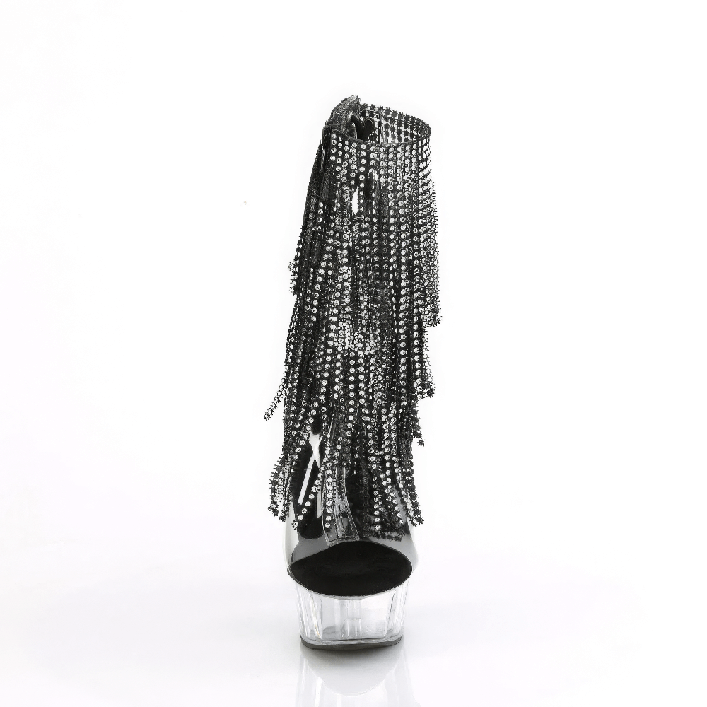 PLEASER Stunning Fringe Ankle Boots with rhinestone fringe and open toe design, perfect for glamorous looks.
